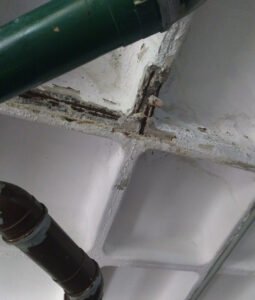 Pavimento inferior a piscina - Infiltração e corrosão da armadura aparente. 